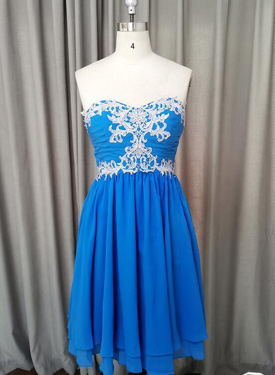 2020 Beautiful Blue Chiffon Knee Length Sweetheart Party Dress, Blue Homecoming Dress