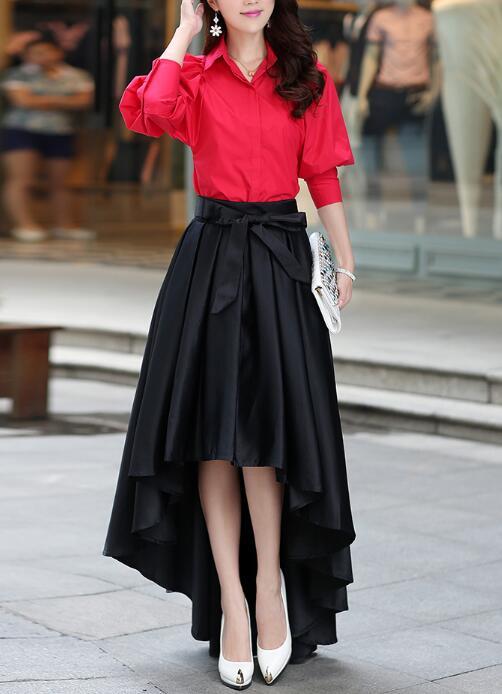 Women High Low Skirt With Belt, Burgundy Skirt, Women Skirts 2019